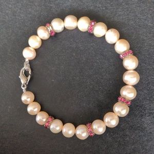 Natural pearl bracelet with channel set ruby pink rhinestones